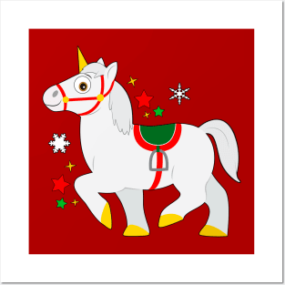 Unicorn Dressed for Christmas in the Snow Posters and Art